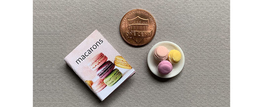 1:12 scale recipe book and plate of macarons