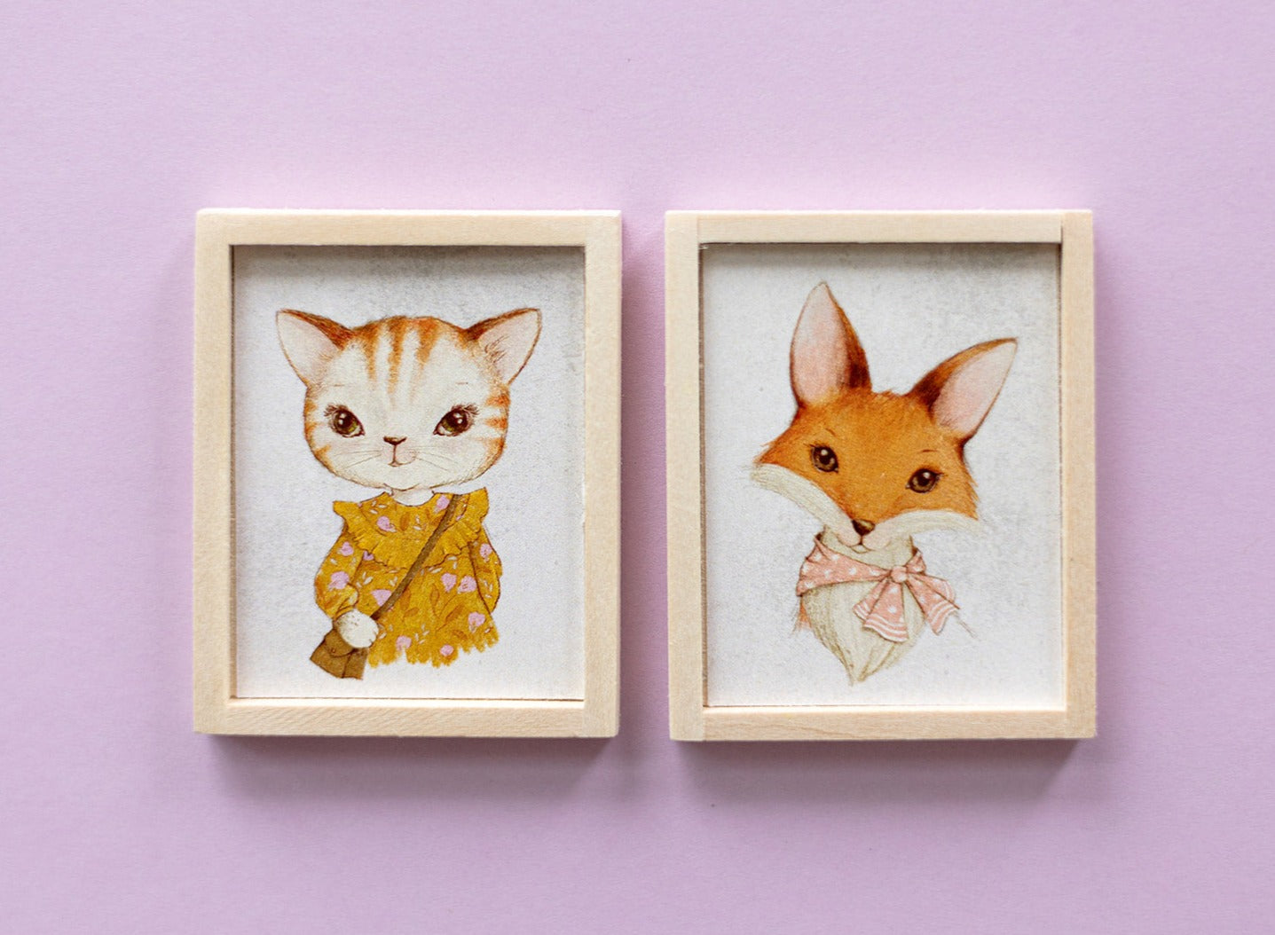 Dollhouse Miniature Artwork, Set of Two Vintage Inspired Miniature Animal Portraits