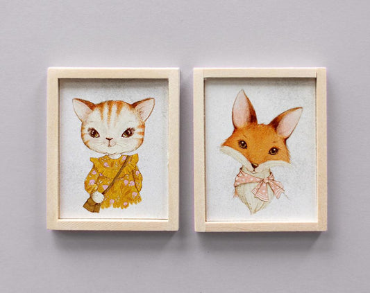 Dollhouse Miniature Artwork, Set of Two Vintage Inspired Miniature Animal Portraits