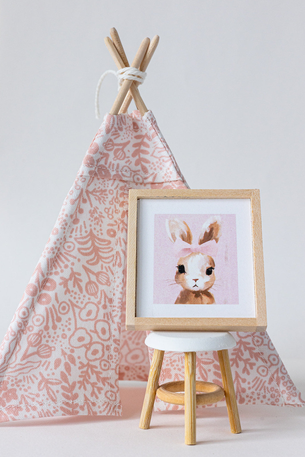 Dollhouse Miniature Bundle, Includes Teepee, Bunny Portrait and Stool