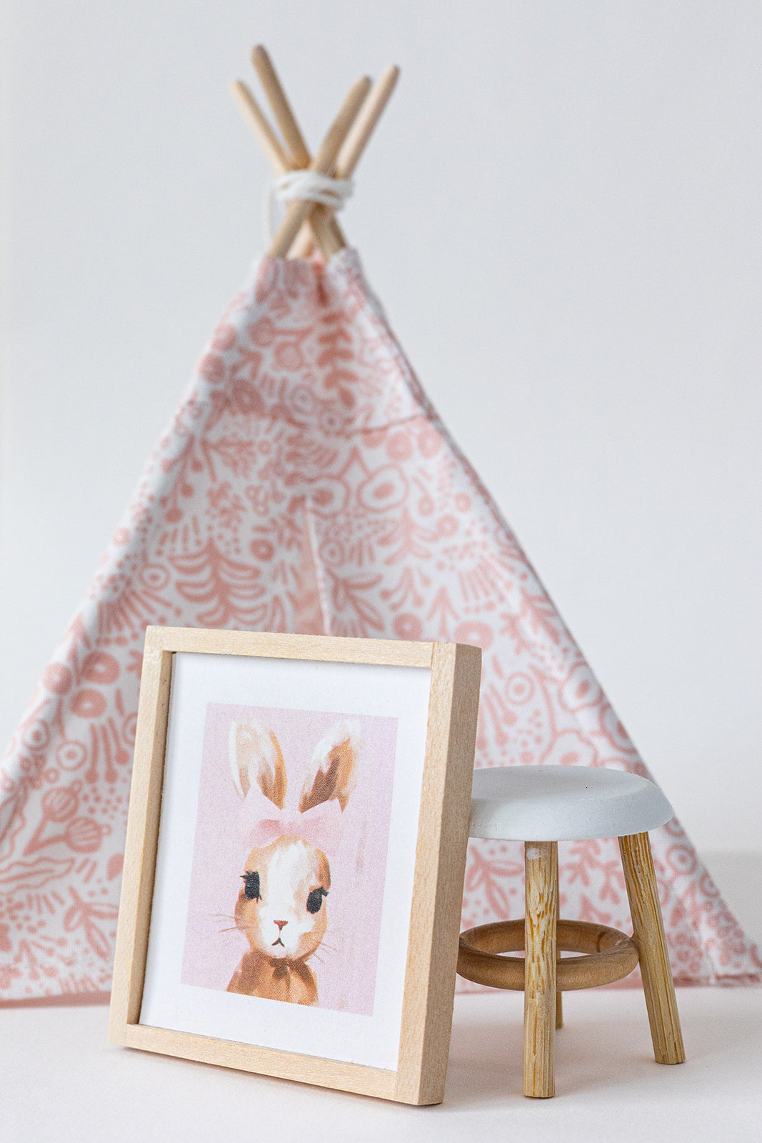 Dollhouse Miniature Bundle, Includes Teepee, Bunny Portrait and Stool