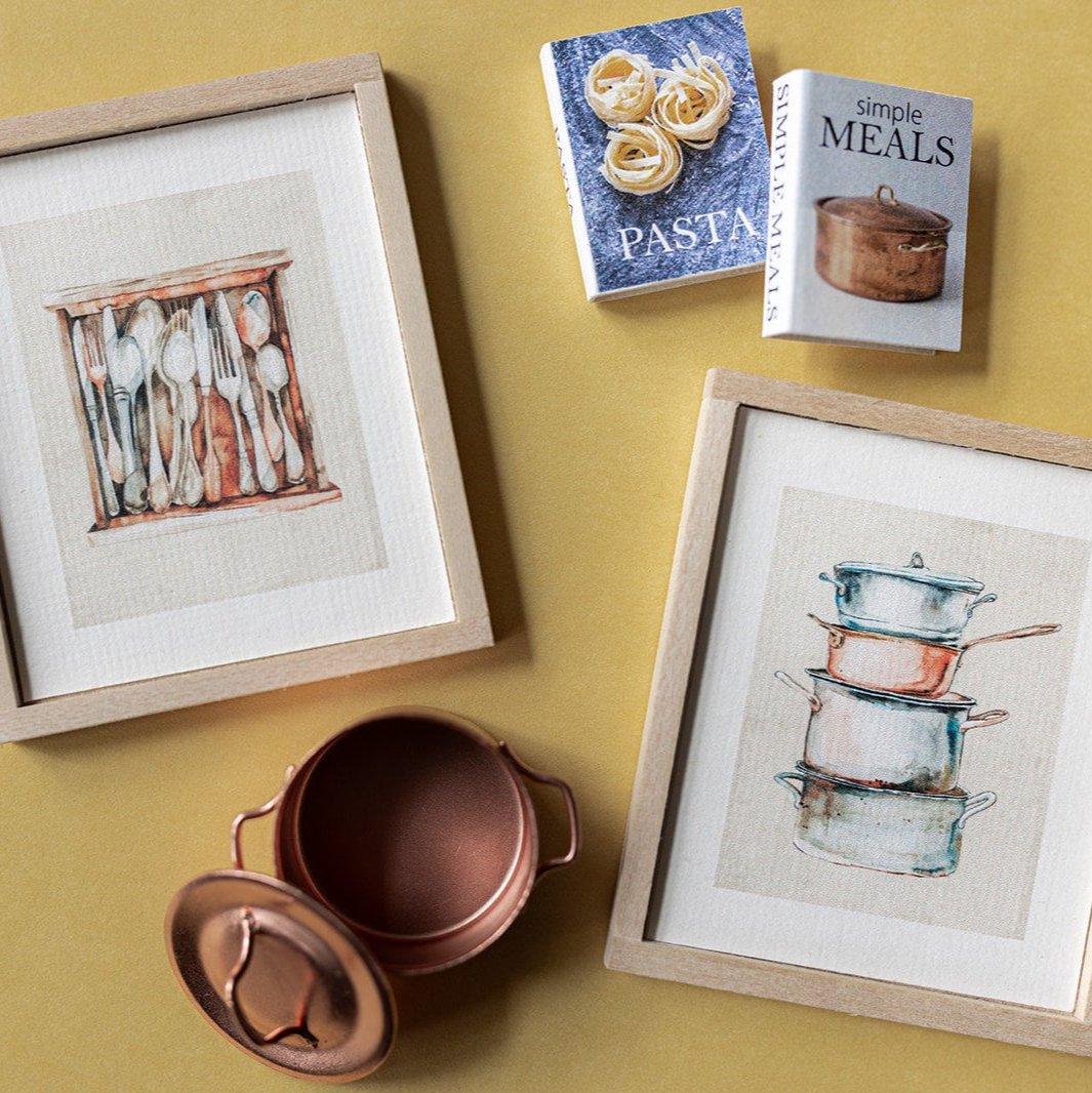 Dollhouse Miniature Kitchen Art, Set of Two Watercolor Prints