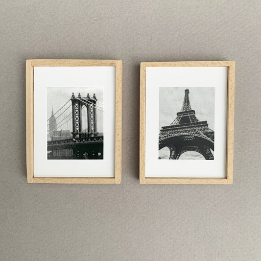 Dollhouse Artwork, Set of Two Miniature Black and White Photographs, Featuring Paris and New York