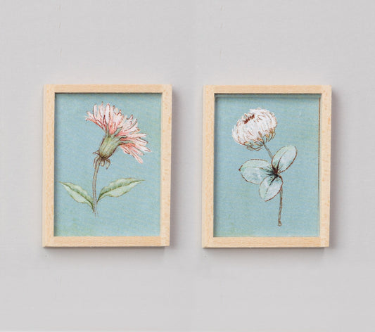 Miniature Dollhouse Art, Set of Two Vintage Inspired Floral Illustrations